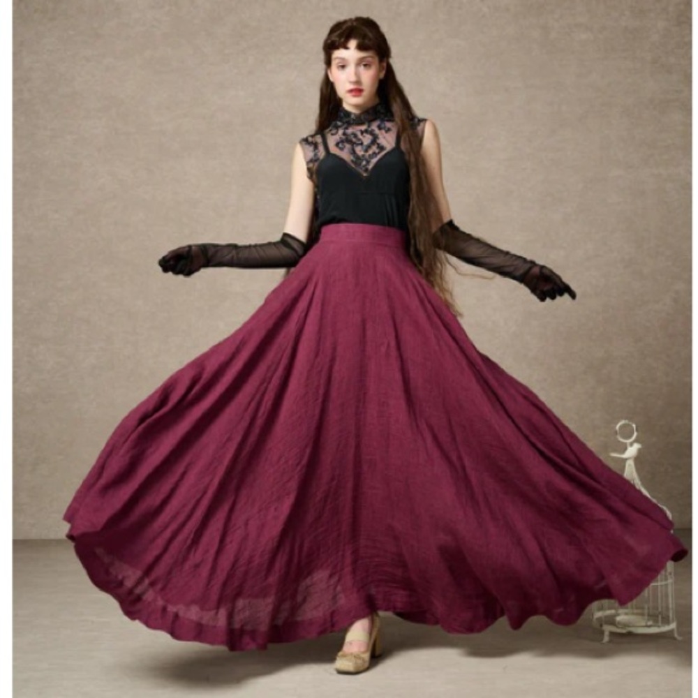NEW XL Linnennaive Maxi Cherry 22 Skirt in Plum Purple. Linen. Lined. Pockets.